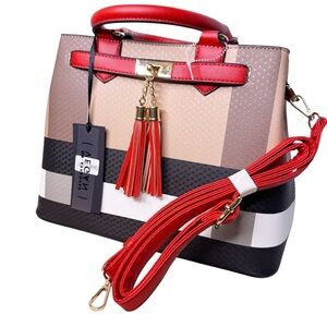 Red Accent Striped Tote Bag with Tassel